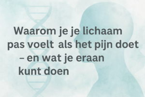 Silhouet van een hoofd met DNA-structuur op een zachte, waterige achtergrond – visuele metafoor voor lichaamsbewustzijn en verbinding tussen lichaam en geest.