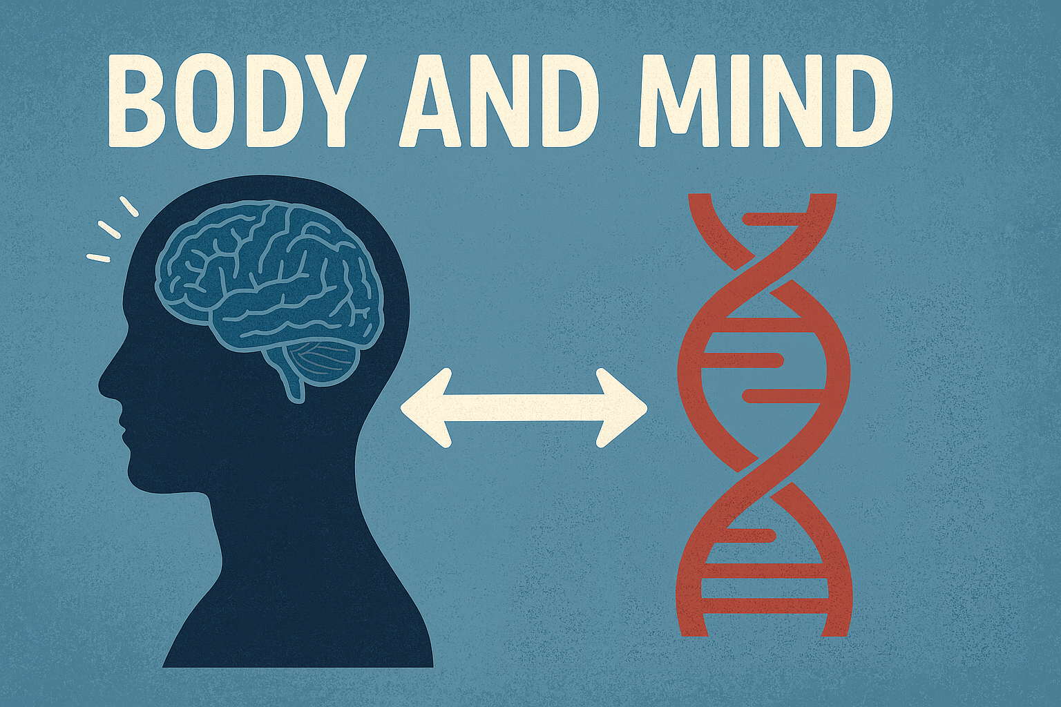 Illustratie van de wisselwerking tussen lichaam en geest, met een brein en DNA-structuur verbonden door een pijl — symbool voor de interactie tussen denken, herstel en fysiotherapie.