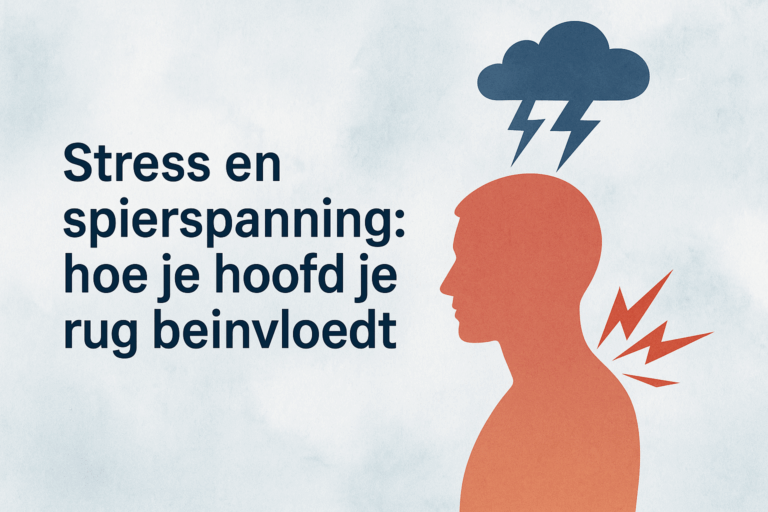 Illustratie van een menselijk silhouet met bliksemschicht in de rug en een stresswolk boven het hoofd, als symbool voor de invloed van stress op spierspanning.