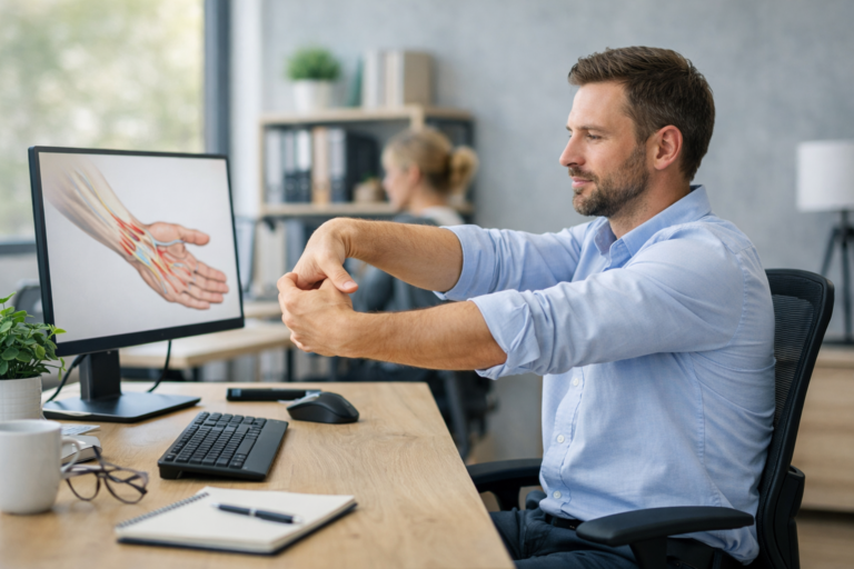 Oefening tegen muisarm waarbij een kantoorwerker zijn pols strekt tijdens computerwerk om KANS klachten te verminderen.