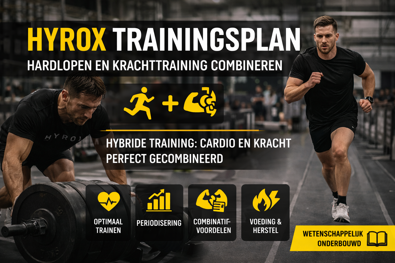 Hyrox trainingsschema met combinatie van hardlopen en krachttraining in een indoor gym setting