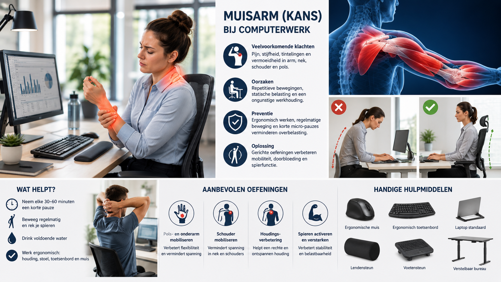 Kantoorwerker voert oefeningen uit tegen muisarm en KANS-klachten om pijn in pols, onderarm, nek en schouder te verminderen tijdens computerwerk.