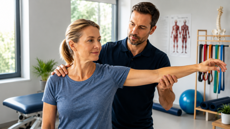 Fysiotherapeut begeleidt patiënt met frozen shoulder tijdens schoudermobilisatie en hersteloefeningen voor meer beweeglijkheid.