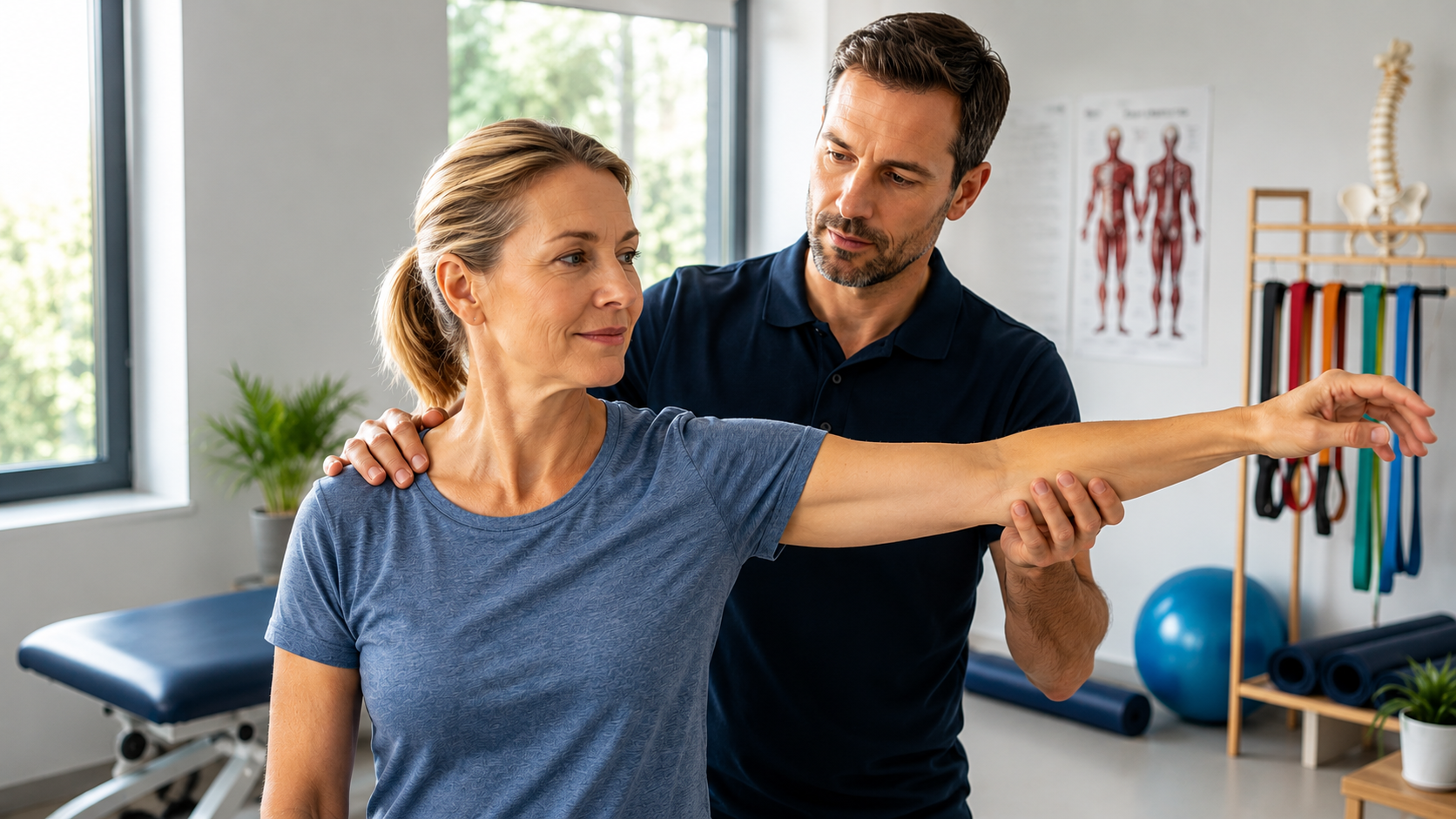 Fysiotherapeut begeleidt patiënt met frozen shoulder tijdens schoudermobilisatie en hersteloefeningen voor meer beweeglijkheid.
