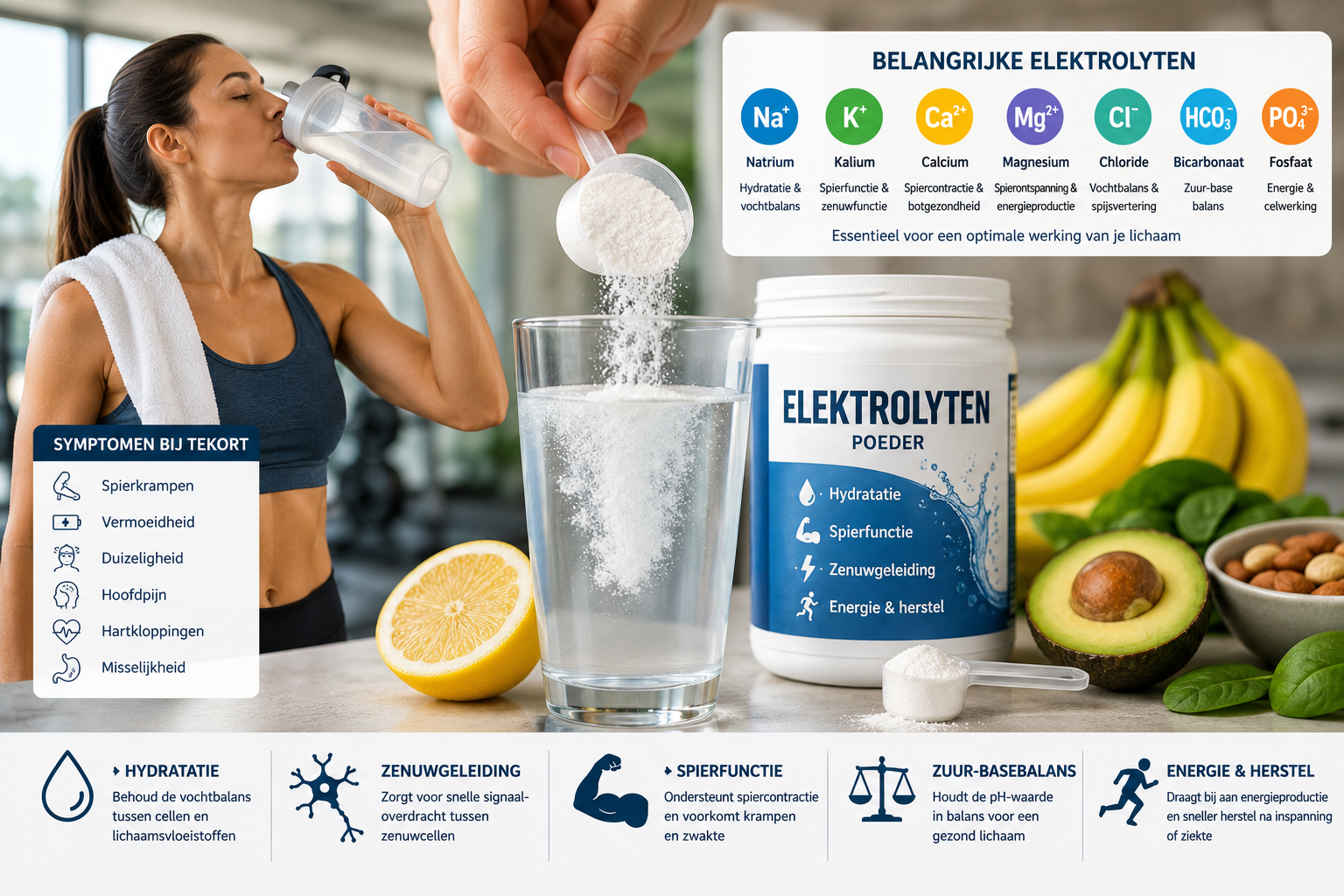 Sportieve vrouw drinkt een elektrolytendrank terwijl elektrolytenpoeder wordt opgelost in water, omringd door natuurlijke bronnen van mineralen zoals banaan, avocado en noten voor optimale hydratatie en spierfunctie.