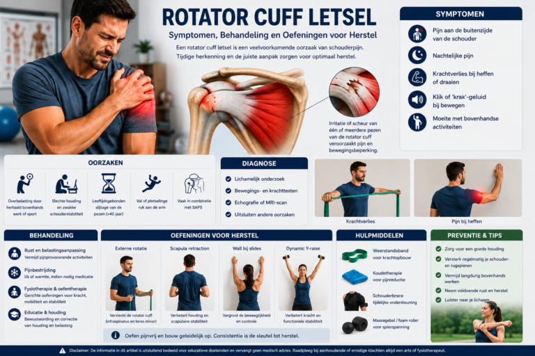Persoon met rotator cuff letsel ervaart schouderpijn terwijl een anatomische illustratie van de schouder en hersteloefeningen voor kracht, mobiliteit en stabiliteit worden weergegeven.