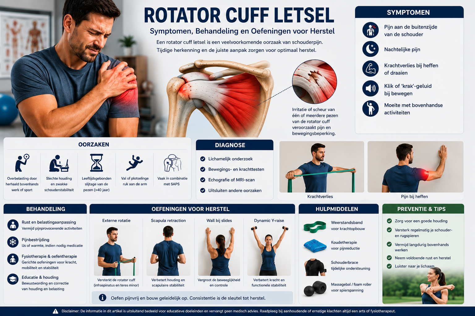 Persoon met rotator cuff letsel ervaart schouderpijn terwijl een anatomische illustratie van de schouder en hersteloefeningen voor kracht, mobiliteit en stabiliteit worden weergegeven.